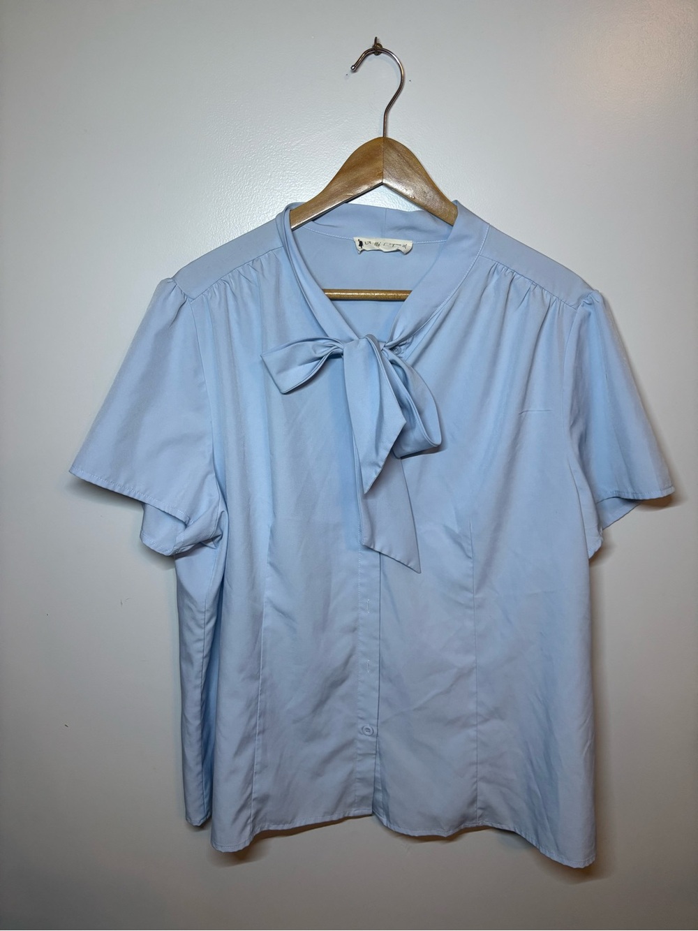 Light Blue Tie-Neck Short Sleeve Blouse